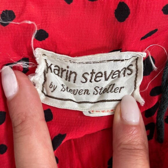 Vintage 80s Karin Stevens Red Midi Dress Abstract Print Button Front Rayon M - Picture 5 of 7